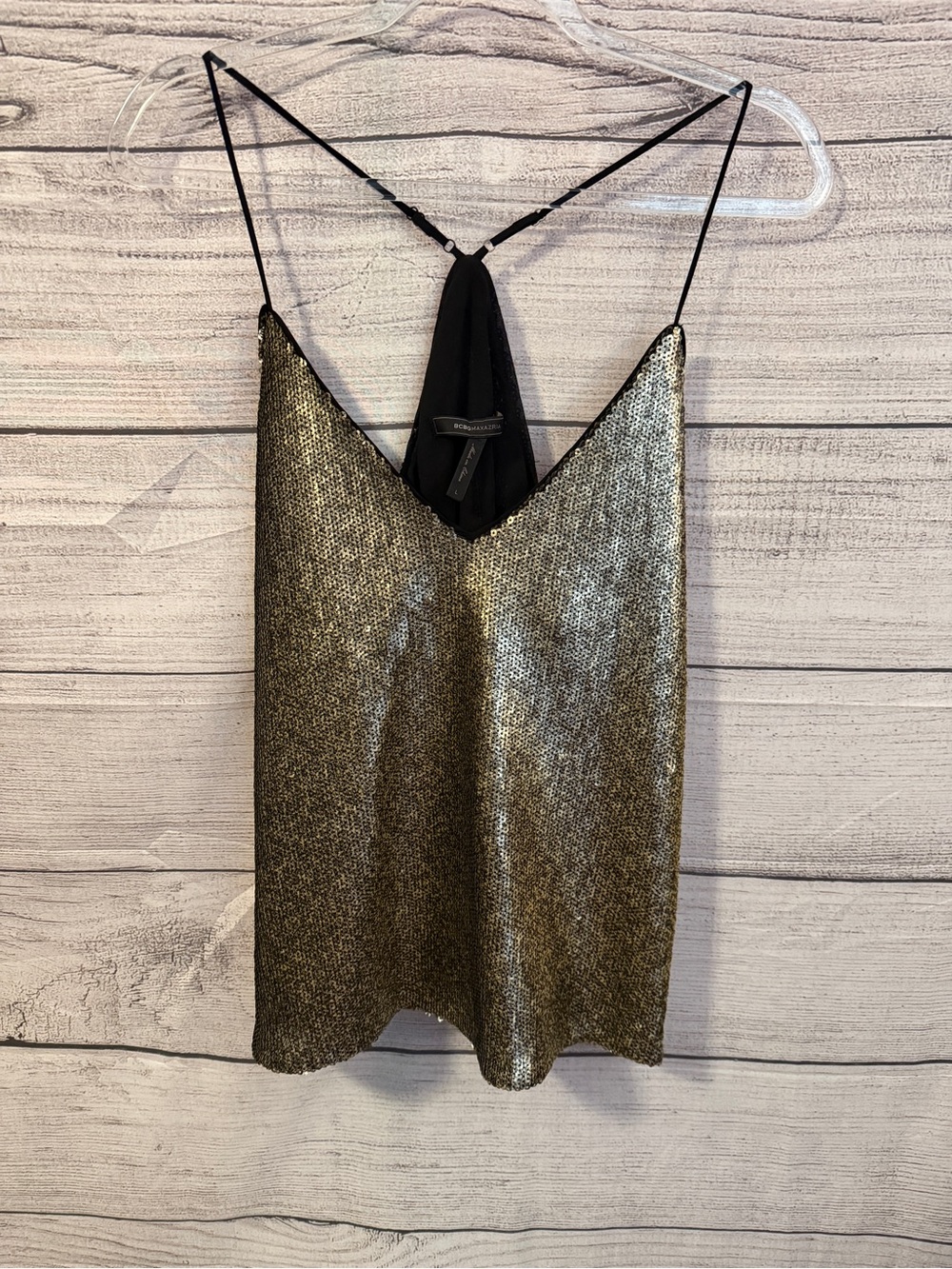 BCBGMaxAzria Metallic Gold Sequin Cami racer back size Large